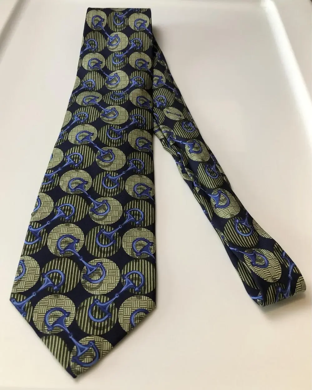 Gucci Tie Mens One Size Blue Silk Horsebit Geometric Equestrian Made In Italy